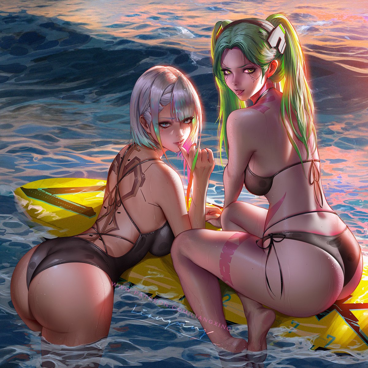 2girls ass back bare_arms bare_back bare_legs bare_shoulders barefoot bikini breasts cheek closed_mouth cyberpunk_(series) cyberpunk_edgerunners cyborg feet forehead green_eyes green_hair highres liang_xing lips looking_at_viewer lucy_(cyberpunk) multiple_girls ocean raft rebecca_(cyberpunk) short_hair smile swimsuit toes tongue twintails water white_hair