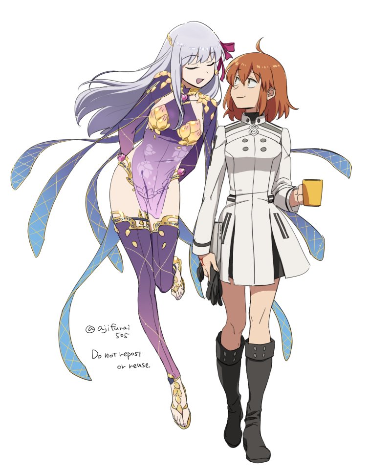 2girls :d arms_behind_back asaya_minoru black_footwear black_gloves boots breasts brown_hair closed_eyes cup dress english_text fate/grand_order fate_(series) fujimaru_ritsuka_(female) gloves gloves_removed grey_hair hair_between_eyes holding holding_cup kama_(fate) knee_boots long_hair long_sleeves mug multiple_girls pelvic_curtain purple_dress purple_thighhighs see-through see-through_sleeves simple_background small_breasts smile tablet_pc thighhighs twitter_username very_long_hair white_background white_dress