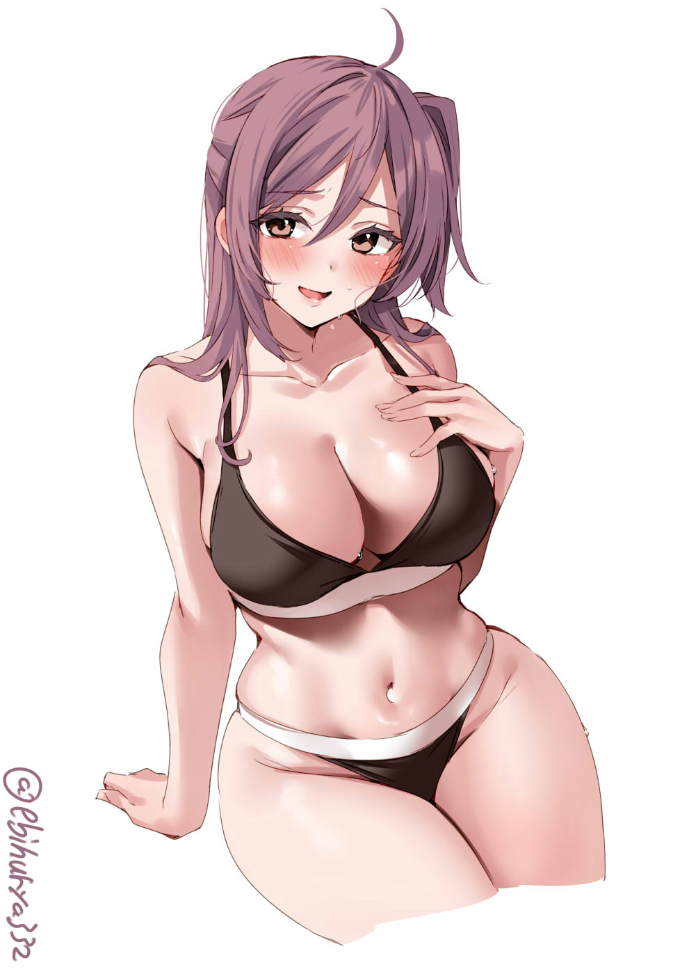 1girl ahoge black_bra black_panties blush bra breasts brown_eyes cleavage collarbone commentary_request cowboy_shot cropped_legs ebifurya grin hagikaze_(kancolle) hair_between_eyes hand_up highres kantai_collection large_breasts long_hair navel one-hour_drawing_challenge one_side_up open_mouth panties purple_hair simple_background smile solo twitter_username underwear underwear_only white_background