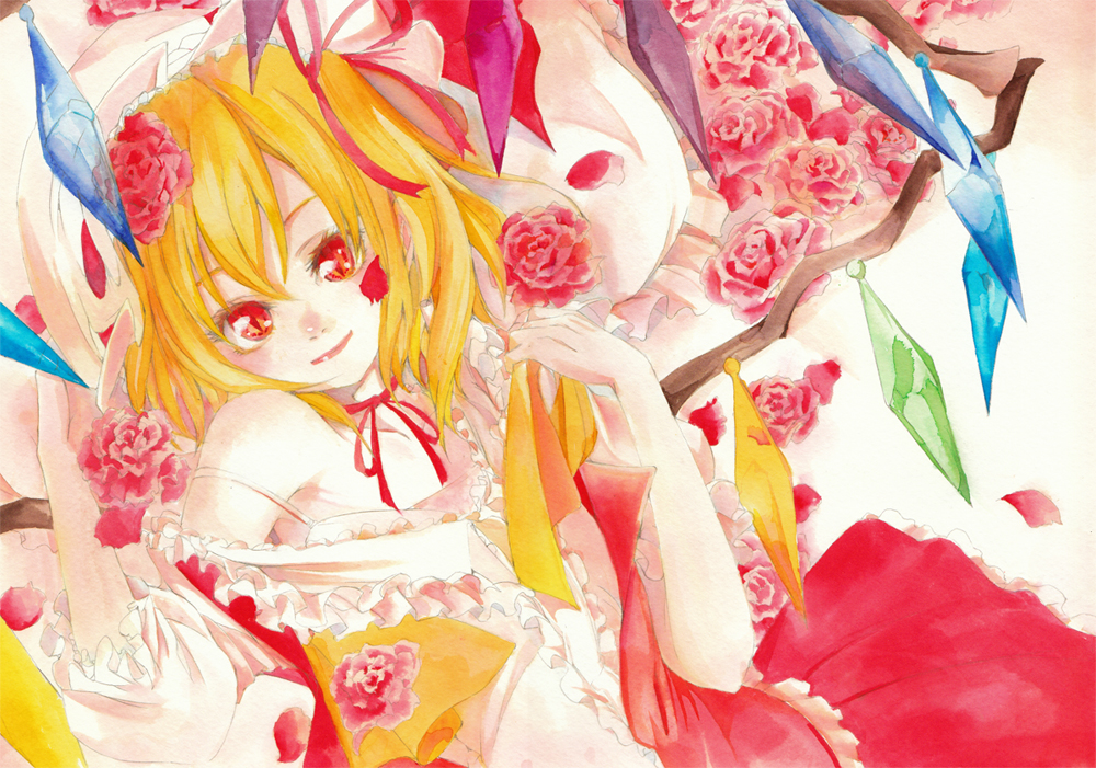 1girl ascot bare_shoulders blonde_hair center_frills color_ink_(medium) crystal flandre_scarlet flower frilled_vest frills hair_between_eyes hair_flower hair_ornament hair_ribbon hat head_tilt itaya_tatsumi looking_at_viewer medium_hair mob_cap multicolored_wings neck_ribbon off-shoulder_shirt off_shoulder open_mouth partially_undressed petals red_eyes red_flower red_ribbon red_rose red_skirt red_vest ribbon rose rose_petals shirt simple_background skirt solo touhou undressing vest white_background white_headwear white_shirt wings yellow_ascot
