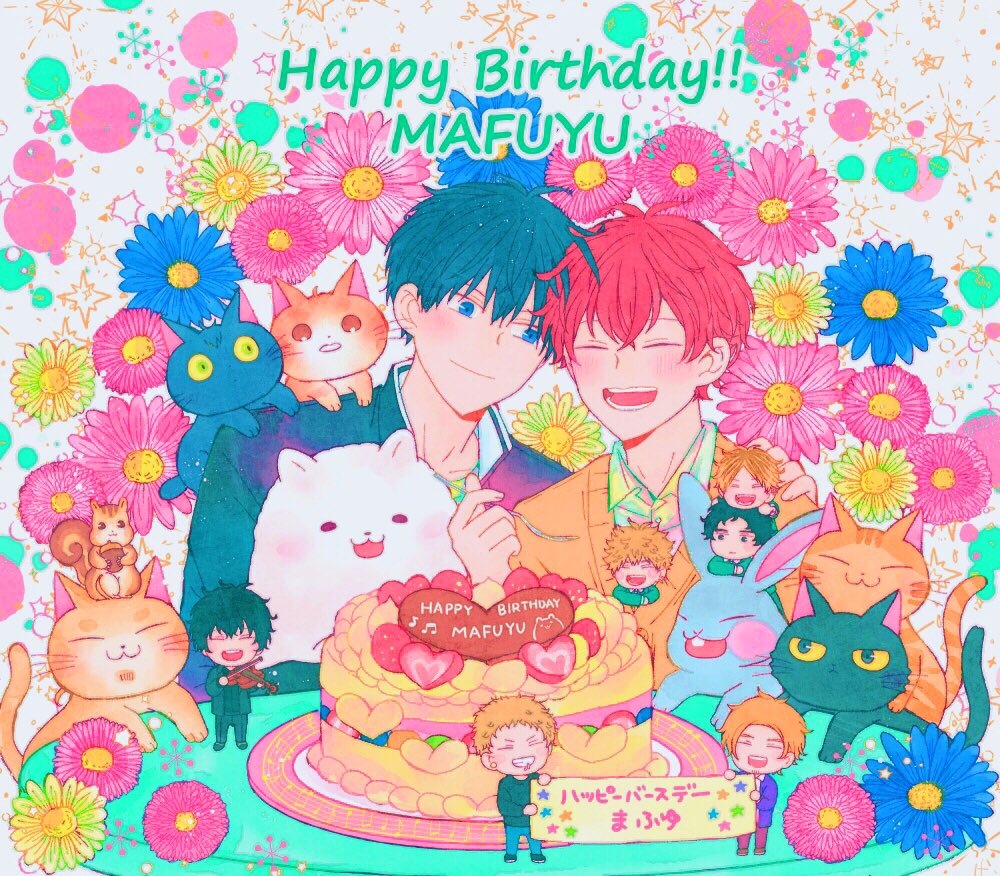 bibibimix39 birthday_cake black_hair blue_eyes blush cake cardigan cat closed_eyes closed_mouth collared_shirt floral_print food fruit given happy_birthday kaji_akihiko murata_ugetsu nakayama_haruki nut_(food) open_mouth plate rabbit red_hair shirt smile snowflake_print squirrel star_(symbol) star_print strawberry table white_background yagi_shizusumi_(given) yoshida_yuki_(given)