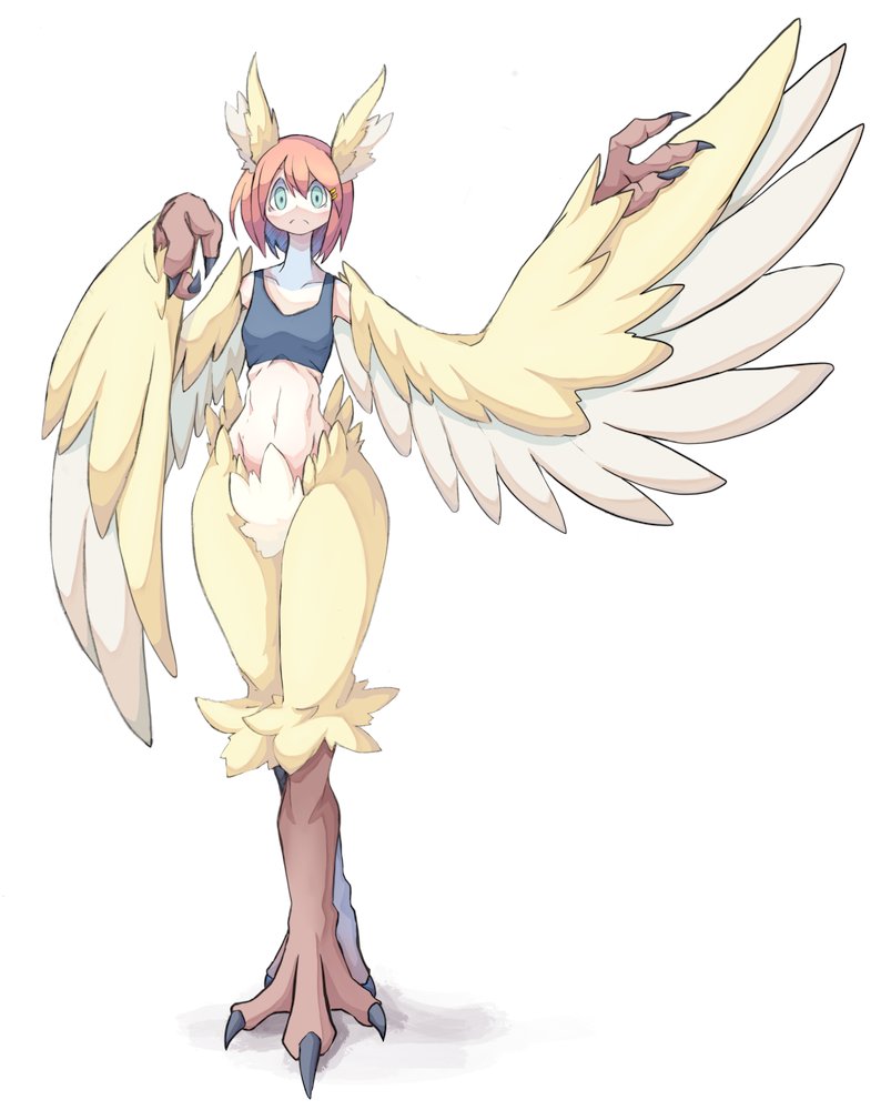 1girl 4138 animal_ears bird_ears bird_legs black_tank_top blue_eyes bottomless breasts claws digitigrade feathered_wings feathers frown hair_ornament hairclip harpy head_wings looking_at_viewer medium_hair midriff monster_girl navel original red_hair simple_background small_breasts solo talons tank_top two-tone_wings white_background white_feathers white_wings winged_arms wings yellow_feathers yellow_wings