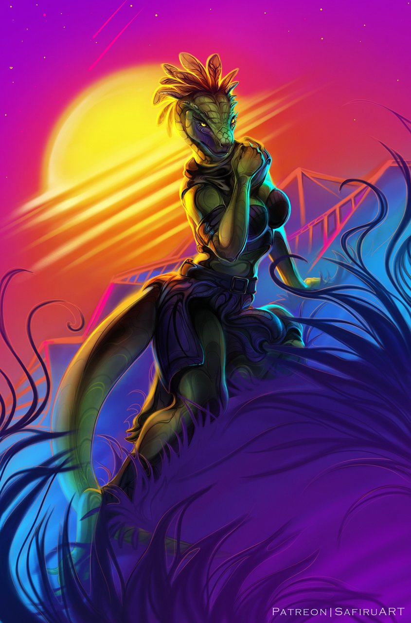 2023 anthro argonian backlighting belt bethesda_softworks biped breasts claws cleavage clothed clothing dress dutch_angle feather_hair feathers female front_view fully_clothed grass green_body green_scales hand_on_ground hi_res light lighting looking_at_viewer medium_breasts mountain nature nature_background neon night non-mammal_breasts on_ground outside plant pose pseudo_hair purple_clothing purple_dress safiru scales scalie scarf shaded shooting_star sky solo star starry_sky strapless_clothing strapless_dress sun tail the_elder_scrolls toe_claws yellow_eyes yokozuwari