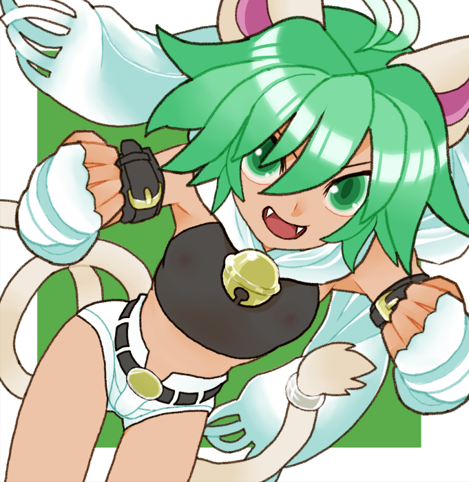 1girl :d animal_ears antenna_hair bell belt beryl_(shinrabanshou) black_belt cat_ears cat_girl cat_tail fangs fingerless_gloves gloves green_eyes green_hair hair_between_eyes jingle_bell micro_shorts open_mouth scarf see-through shinrabanshou short_hair shorts sicky_(pit-bull) smile solo tail tail_ornament tail_ring white_gloves white_scarf white_shorts