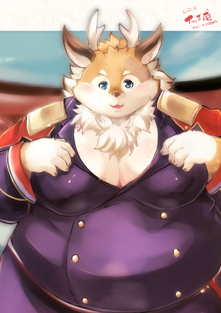 anthro antlers belly blue_eyes blush brown_body brown_fur clothing deer fur horn inuiookawa kazusa male mammal military_uniform moobs overweight solo tamacolle uniform