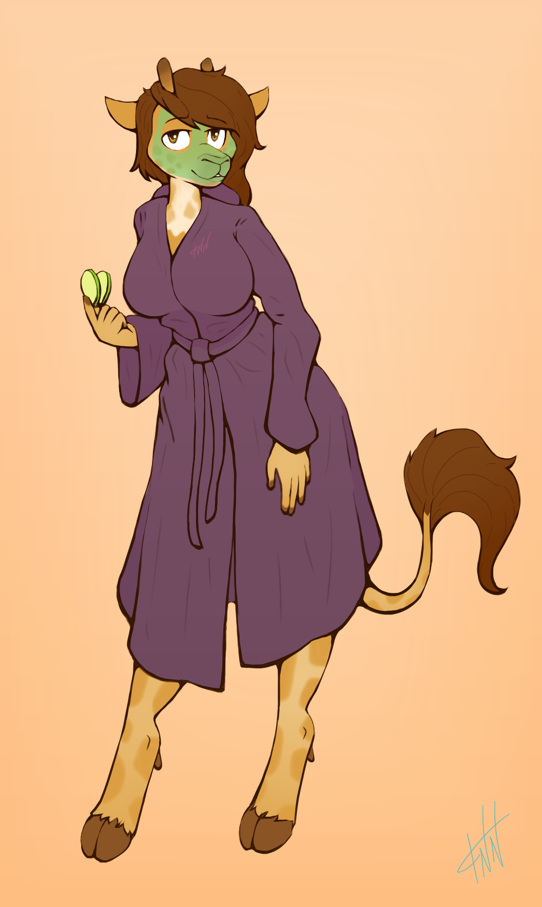 brown_body brown_eyes brown_fur brown_hair clothed clothing cucumber female food fur giraffe giraffid hair hi_res hooves mammal mud_mask pink_clothing pink_robe plant robe robe_only sfw shaded simple_background simple_shading tenides vegetable