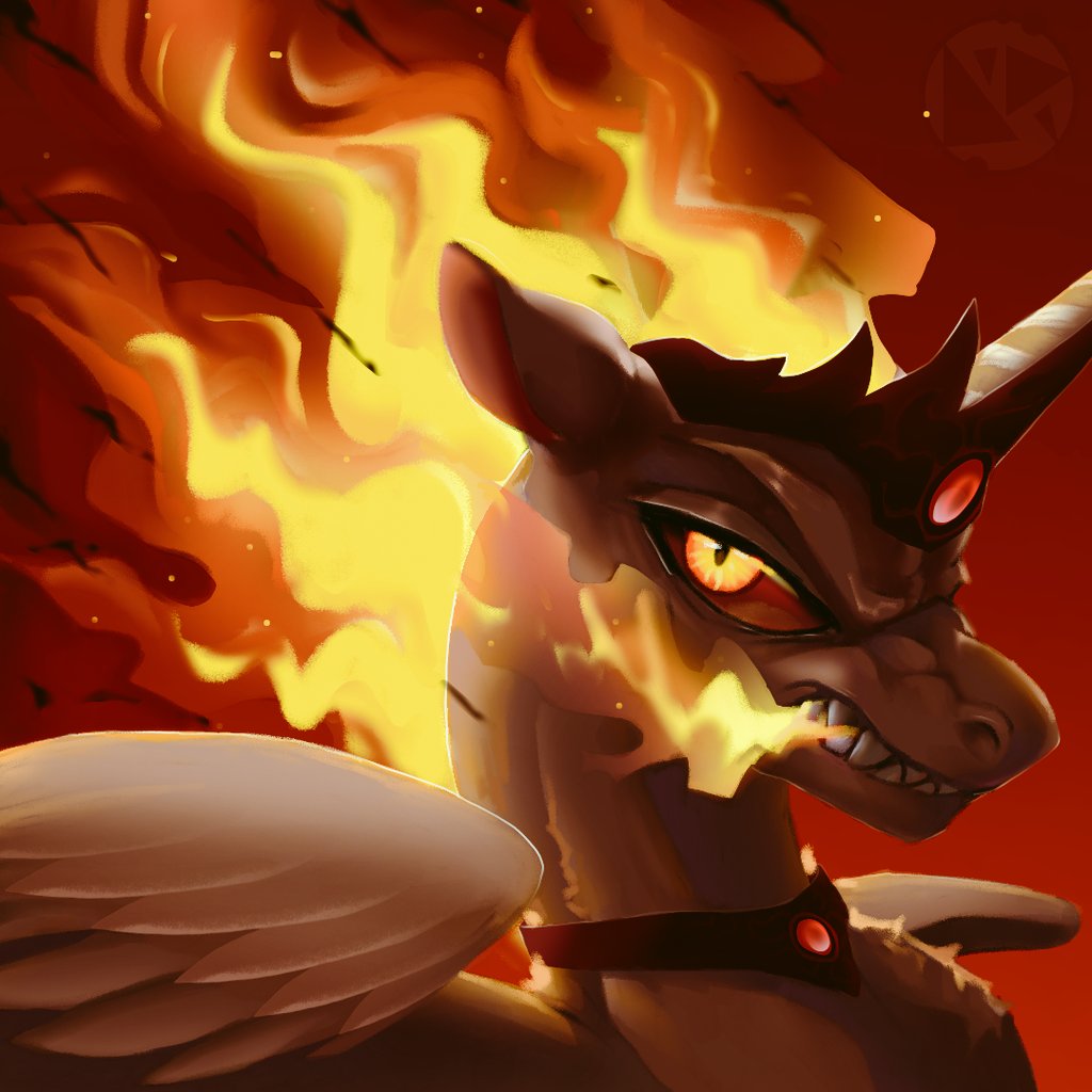 anoraknr clenched_teeth crown daybreaker_(mlp) equid equine fangs fire fire_in_mouth flaming_hair flaming_mane friendship_is_magic hasbro headgear horn jewelry looking_at_viewer mammal my_little_pony necklace pseudo_hair pseudo_mane sharp_teeth teeth winged_unicorn wings yellow_eyes