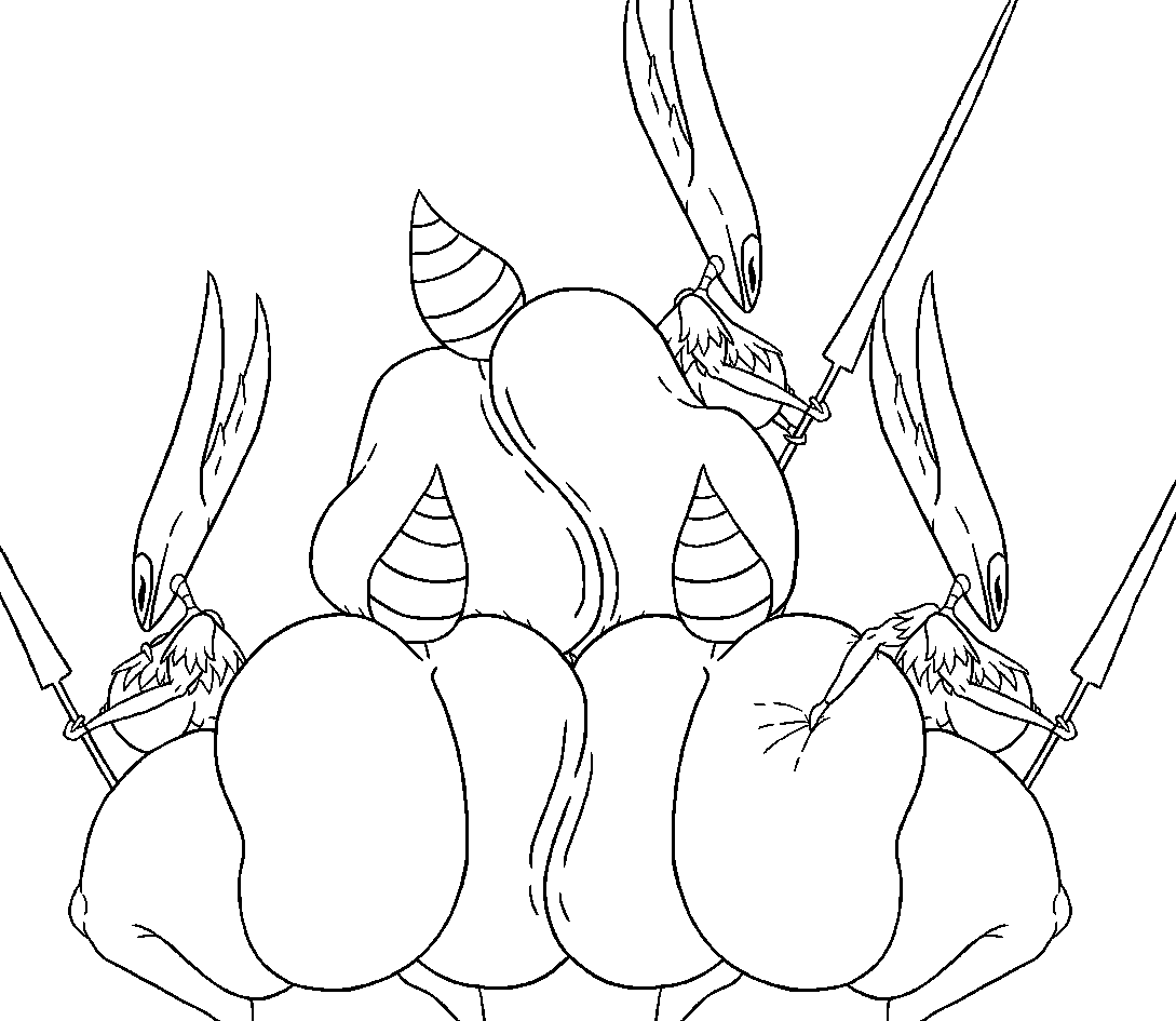 anthro arthropod arthropod_abdomen ass_to_ass big_butt breasts butt butt_focus butt_squish cloak cloak_only clothing crouching female group hollow_knight insect mantis mantis_lord melee_weapon plamzdoom polearm rear_view spear squish team_cherry trio weapon