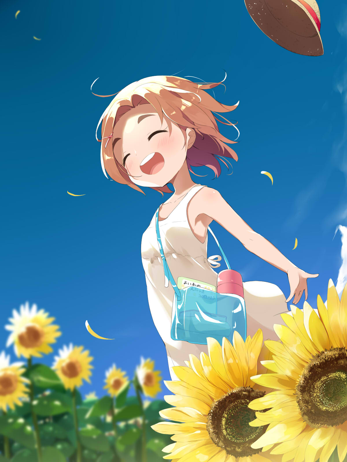 1girl :d ^_^ bag bare_arms bare_shoulders blue_sky blush breasts brown_hair brown_headwear closed_eyes commentary_request day dress facing_viewer flower forehead hat hat_removed headwear_removed highres idolmaster idolmaster_cinderella_girls makuran outdoors parted_bangs petals round_teeth ryuzaki_kaoru short_eyebrows shoulder_bag sky sleeveless sleeveless_dress small_breasts smile solo sunflower teeth thick_eyebrows transparent upper_teeth_only white_dress yellow_flower