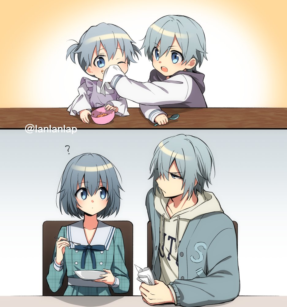 1boy 1girl ? age_comparison bowl brother_and_sister child commentary_request dress food food_on_face frown grey_eyes grey_hair grey_jacket holding holding_spoon hood hoodie idolish7 jacket lanlanlap medium_hair napkin open_mouth sailor_dress short_twintails siblings spoon twintails twitter_username white_hoodie wiping_mouth yotsuba_aya yotsuba_tamaki