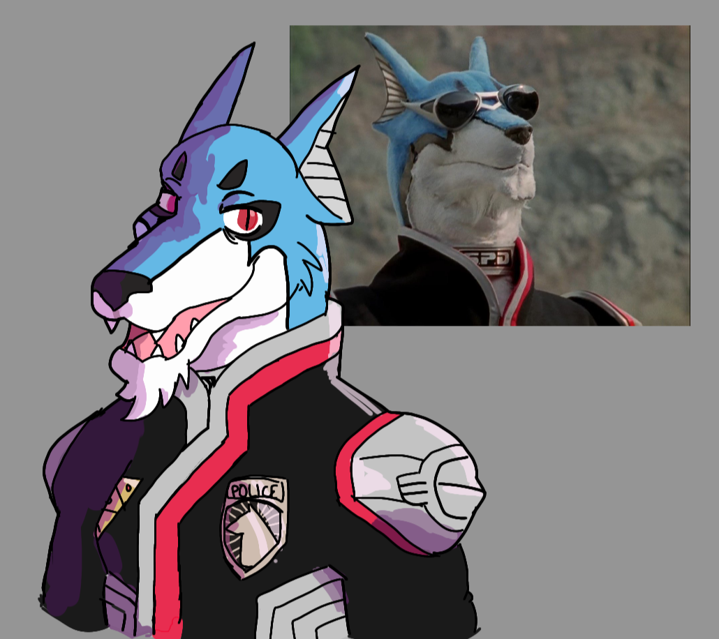 anthro apolonoise canid canine canis clothing collar doggie_kruger domestic_dog jacket male mammal open_mouth power_rangers red_eyes smile smiling_at_viewer solo super_sentai topwear