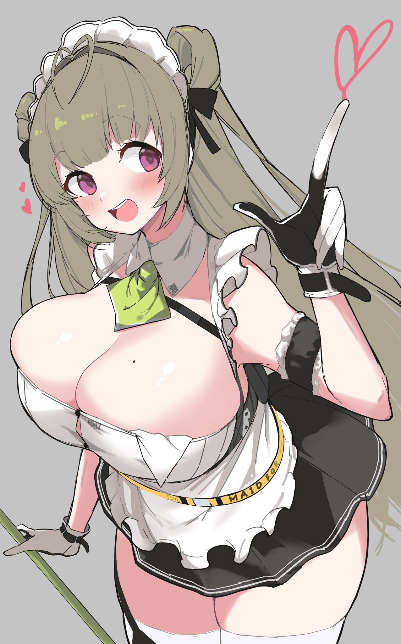 antenna_hair apron arm_cuffs ascot black_gloves black_skirt breast_strap breasts button_gap cleavage clothes_writing cowboy_shot dark_green_hair detached_collar double_bun finger_gun frills gloves goddess_of_victory:_nikke green_ascot hair_bun hair_ribbon handkerchief heart heart_antenna_hair highres holding large_breasts long_hair looking_at_hand maid maid_apron maid_headdress mole mole_on_breast pleated_skirt purple_eyes ribbon simple_background skindentation skirt sleeveless soda_(nikke) thighhighs two-tone_gloves v white_gloves white_thighhighs yabai_gorilla