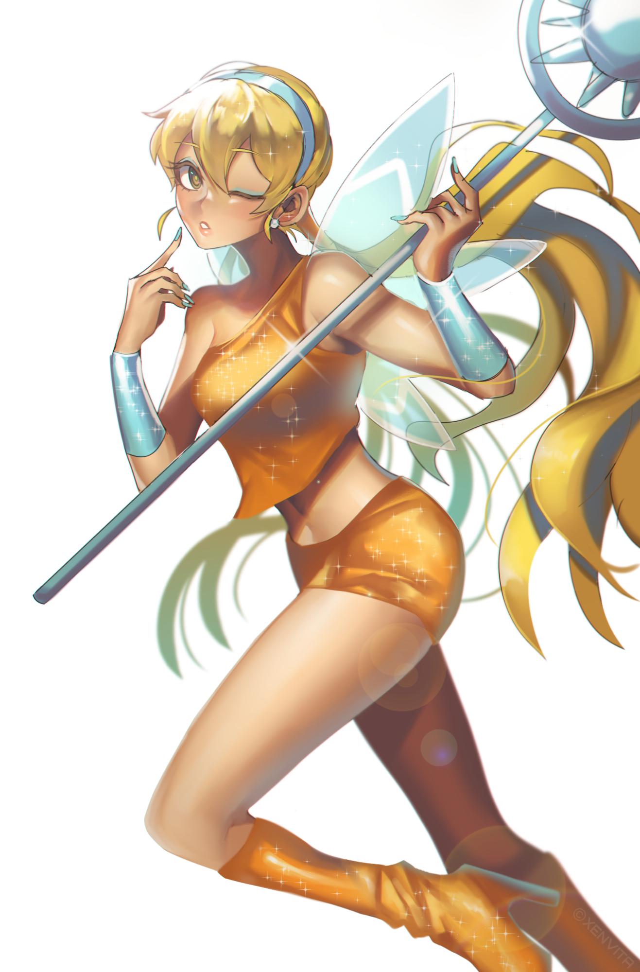 1girl aqua_hairband aqua_nails aqua_wings bare_shoulders blonde_hair breasts brown_eyes earrings fairy fairy_wings hairband highres holding holding_staff jewelry long_hair looking_at_viewer low_twintails medium_breasts navel one_eye_closed sparkle_print staff stella_(winx_club) stud_earrings twintails very_long_hair wings winx_club xen_(sei) xenvita