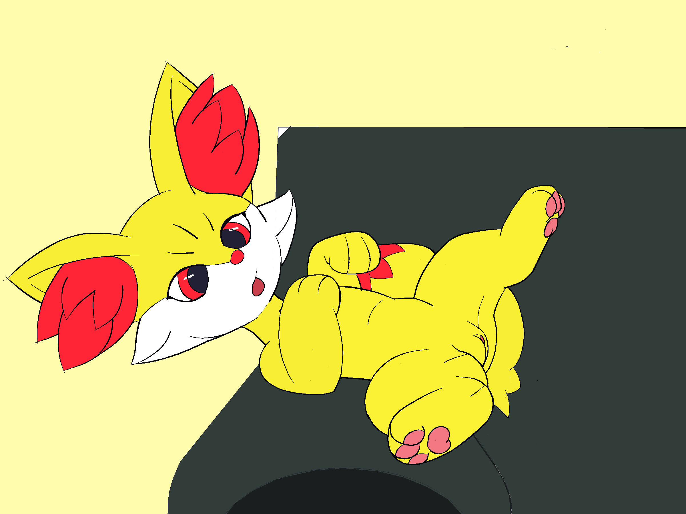 black_eyes butt female fennekin feral generation_6_pokemon genitals hi_res inner_ear_fluff lewdkitten069 lying nintendo paws pokemon pokemon_(species) pussy solo tongue tongue_out tuft yellow_body young