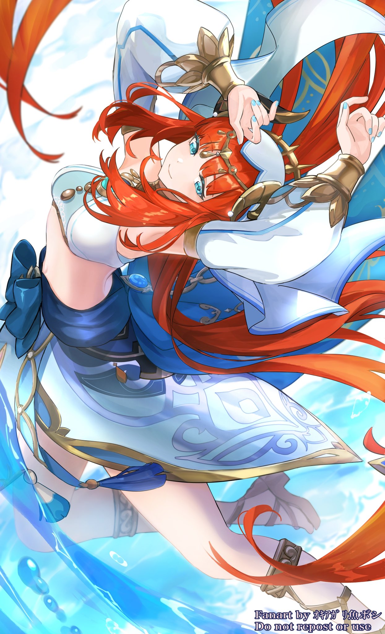 1girl aqua_eyes arabian_clothes armpits arms_up blue_gemstone blue_nails blue_veil bracer breasts brooch circlet crop_top dancer detached_sleeves fake_horns gem genshin_impact gladiator_sandals gold_footwear gold_trim harem_outfit highres horns jewelry long_hair long_sleeves medium_breasts midriff navel neck_ring nilou_(genshin_impact) okkobc puffy_long_sleeves puffy_sleeves red_hair sandals simple_background smile solo thighlet veil water white_headdress white_sleeves white_veil