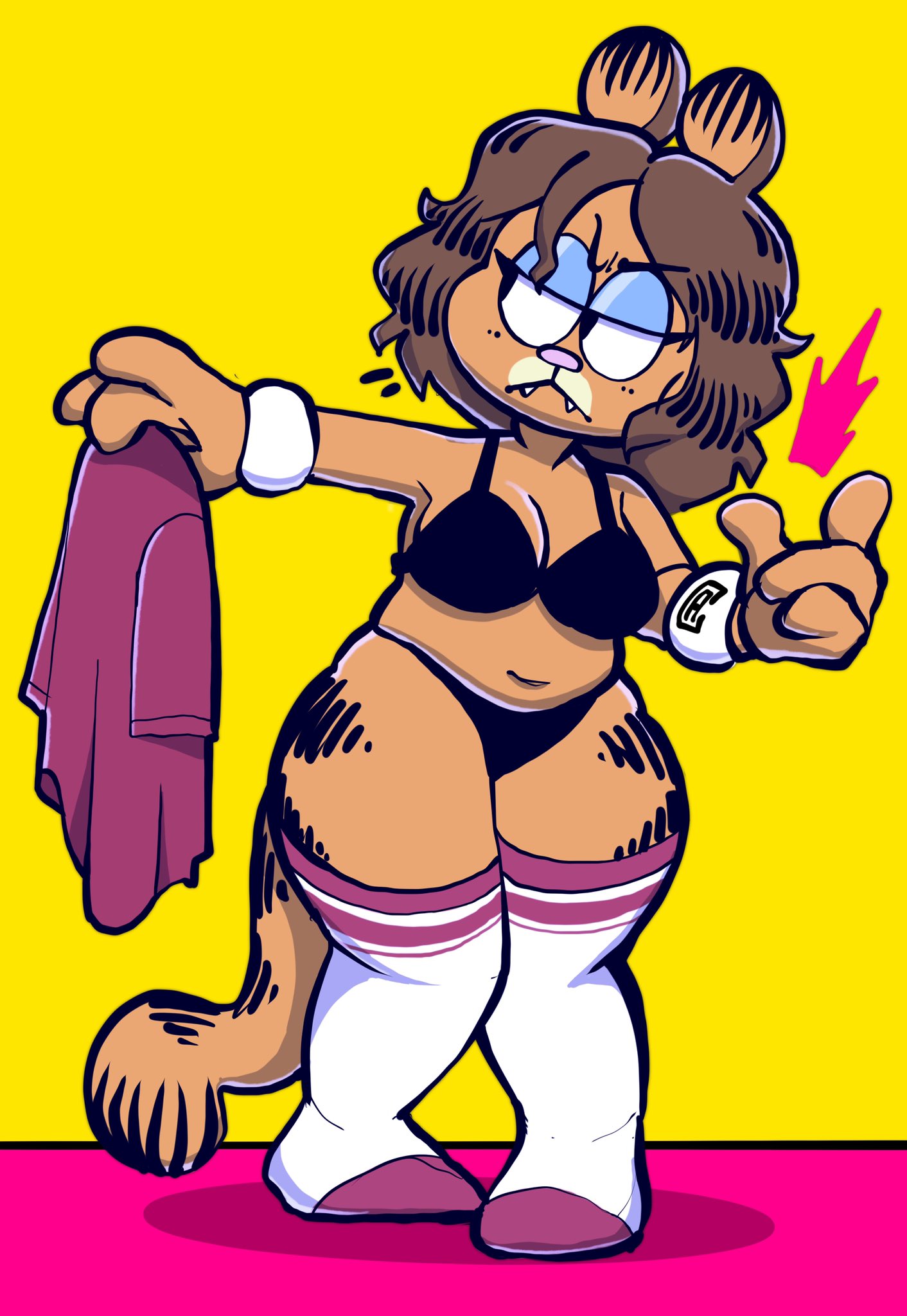 anthro bra clothing creator_ant domestic_cat eyeliner eyeshadow felid feline felis female feminized footwear fur garfield_(series) garfield_the_cat girly hair hi_res lingerie long_hair makeup mammal orange_body orange_fur socks solo thick_thighs underwear