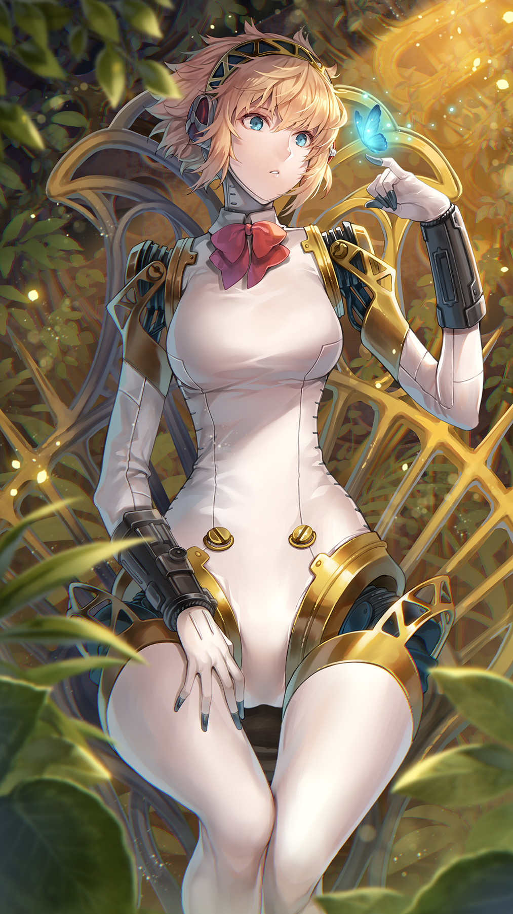 1girl aegis_(persona) android blonde_hair blue_butterfly blue_eyes bow breasts bug butterfly hagure_keg headband headphones highres joints large_breasts light_rays mechanical_parts nature outdoors persona persona_3 red_bow red_ribbon ribbon robot robot_joints short_hair sitting solo sunbeam sunlight wide_hips