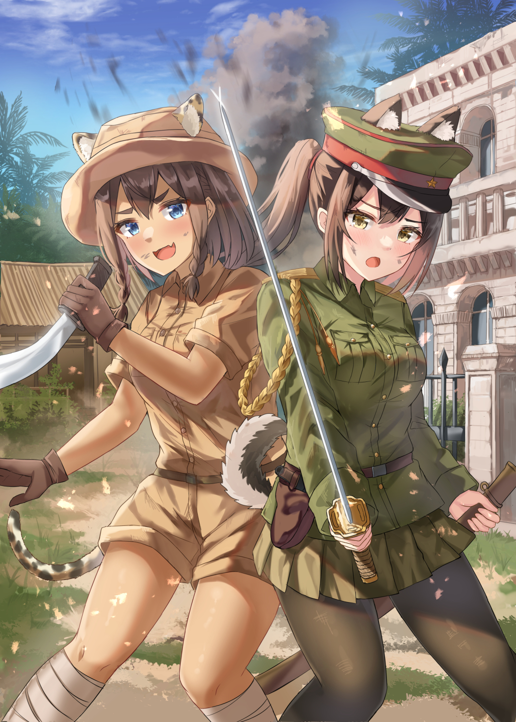 2girls animal_ears blue_eyes british_army brown_hair brown_shirt brown_shorts cat_ears cat_tail cheetah_ears cheetah_tail explosion green_jacket green_skirt hat highres holding holding_sword holding_weapon imperial_japanese_army jacket karo-chan knife kukri long_sleeves military military_hat military_uniform multiple_girls original pantyhose shirt shorts skirt smile sword tail uniform weapon yellow_eyes