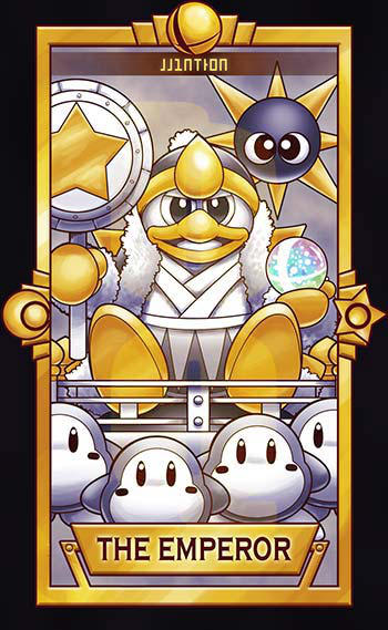 ball beak black_border black_eyes blush_stickers border commentary crescent english_commentary english_text fur-trimmed_robe fur-trimmed_sleeves fur_trim gloves gordo hammer holding holding_ball holding_hammer king_dedede kirby_(series) limited_palette long_sleeves looking_at_viewer no_humans no_mouth open_clothes open_mouth open_robe pom_beanie quas-quas robe sitting smash_ball smile solo_focus star_(symbol) super_smash_bros. tarot the_emperor_(tarot) triangle_print v-shaped_eyes waddle_dee yellow_gloves