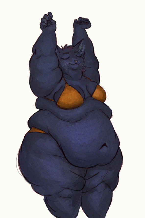 2021 anthro belly blue_body blue_fur bra cettus clothed clothing domestic_cat eyes_closed fat_rolls felid feline felis female flabby_arms fur mae_borowski mammal night_in_the_woods obese obese_anthro obese_female overweight overweight_anthro overweight_female panties raised_arms simple_background solo standing underwear underwear_only white_background