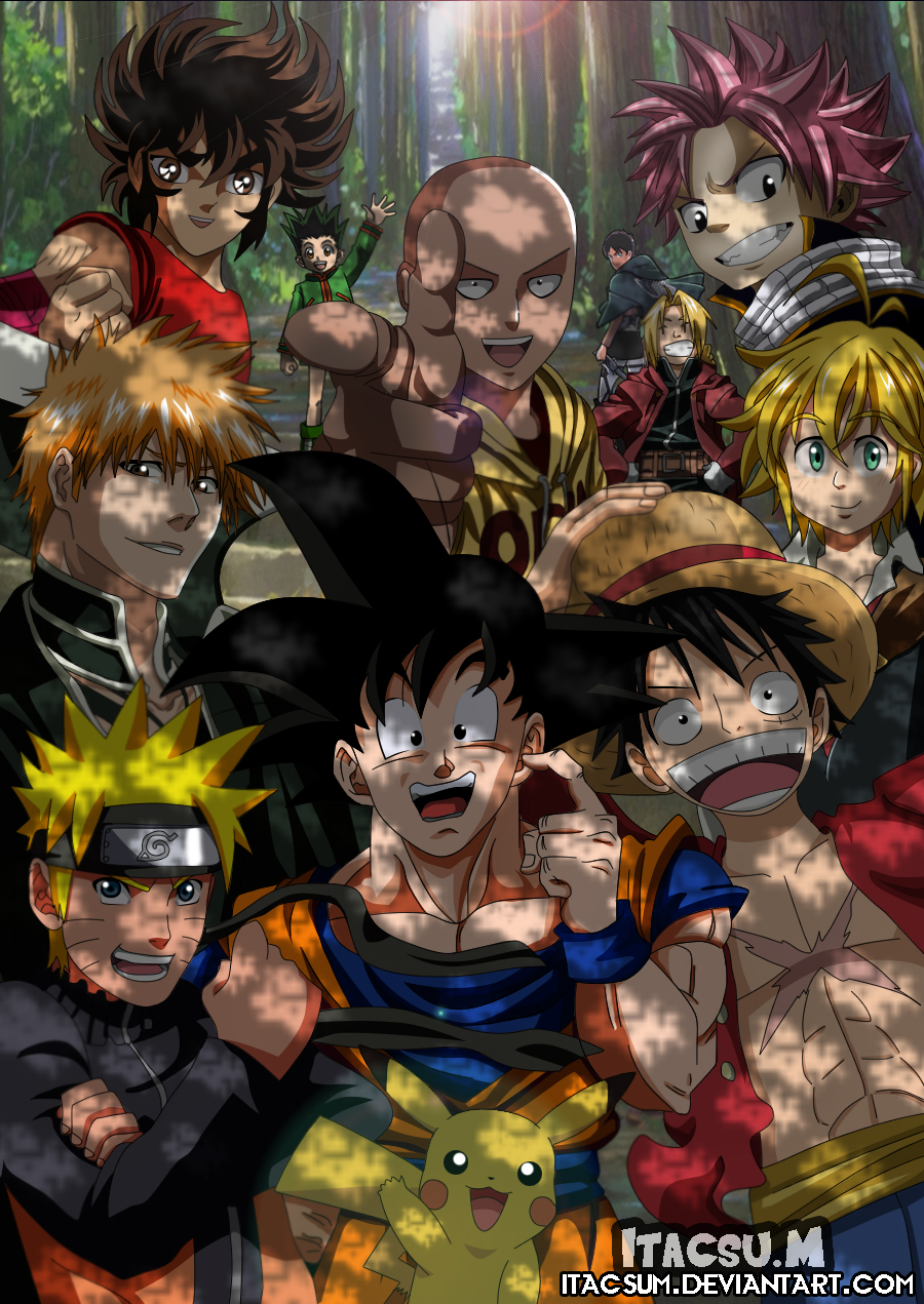 artist_name bald black_hair bleach blonde_hair crossover dragon_ball edward_elric eren_yeager fairy_tail fullmetal_alchemist gon_freecss green_hair highres hunter_x_hunter itacsum kurosaki_ichigo meliodas monkey_d._luffy nanatsu_no_taizai naruto naruto_(series) naruto_shippuuden natsu_dragneel one-punch_man one_piece orange_hair pegasus_seiya pikachu pink_hair pokemon pokemon_(anime) saint_seiya saitama_(one-punch_man) shingeki_no_kyojin short_hair son_goku spiked_hair uzumaki_naruto web_address whiskers