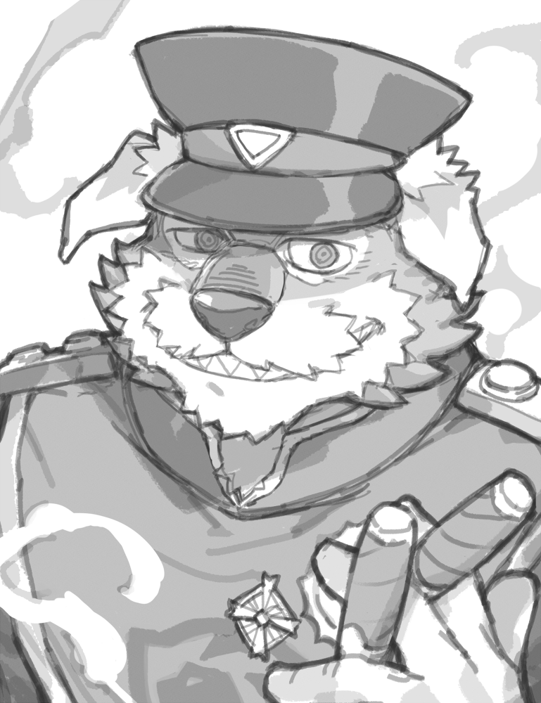 another_eidos_of_dragon_vein_r anthro canid canine canis cigar clothed clothing domestic_dog gordov hat headgear headwear looking_at_viewer male mammal military_uniform rpbbw simple_background smile smoke smoking solo uniform