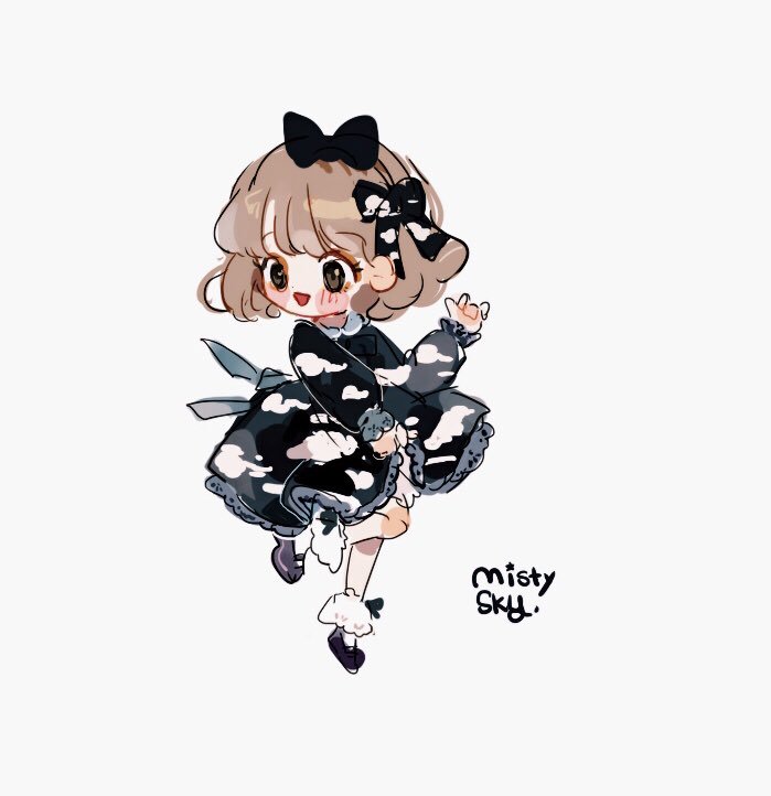 1girl ankle_cuffs black_bow black_dress black_eyes black_footwear blush_stickers bow bow_legwear brown_hair check_copyright chibi clothes_lift cloud_print collar collared_dress copyright_request dress dress_lift english_text eyelashes fingernails hair_bow lace-trimmed_dress lace-trimmed_sleeves lace_trim lifted_by_self long_sleeves mary_janes open_mouth original pantyhose putong_xiao_gou shoes short_dress short_hair simple_background smile socks solo white_background white_collar white_pantyhose white_socks