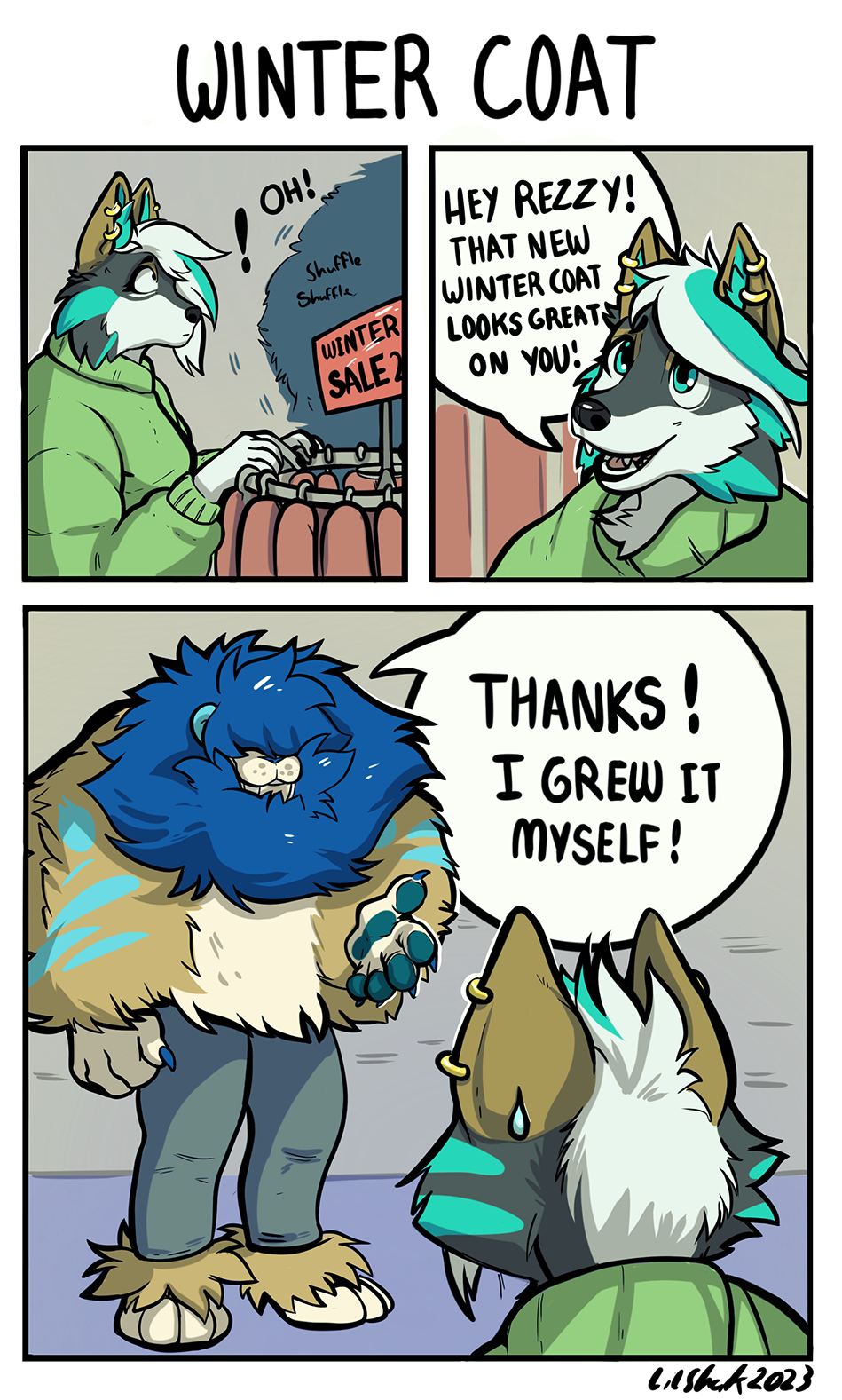 3_panel_comic anthro blue_hair bottomwear brown_body brown_fur canid canine canis cheek_tuft clothing duo ear_piercing ear_ring facial_tuft fangs female fur green_body green_fur green_highlights green_pawpads grey_body grey_fur hair hi_res highlights_(coloring) humor lilshark lips male mammal open_mouth open_smile pants pawpads paws piercing ring_piercing sabertooth smile teeth thick_bottom_lip tuft white_body white_fur white_hair wide_eyed winter_coat wolf zephyri_q_wolf