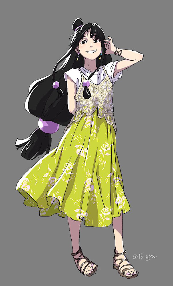 1girl ace_attorney adjusting_hair alternate_costume arm_behind_back black_hair blunt_bangs cropped_shirt dress earrings floral_print full_body grey_background hair_ornament half_updo hand_up jewelry lace long_hair looking_to_the_side maya_fey parted_bangs sandals see-through see-through_shirt shirt short_sleeves sidelocks simple_background smile solo standing taba_(tb_gya) white_shirt yellow_dress