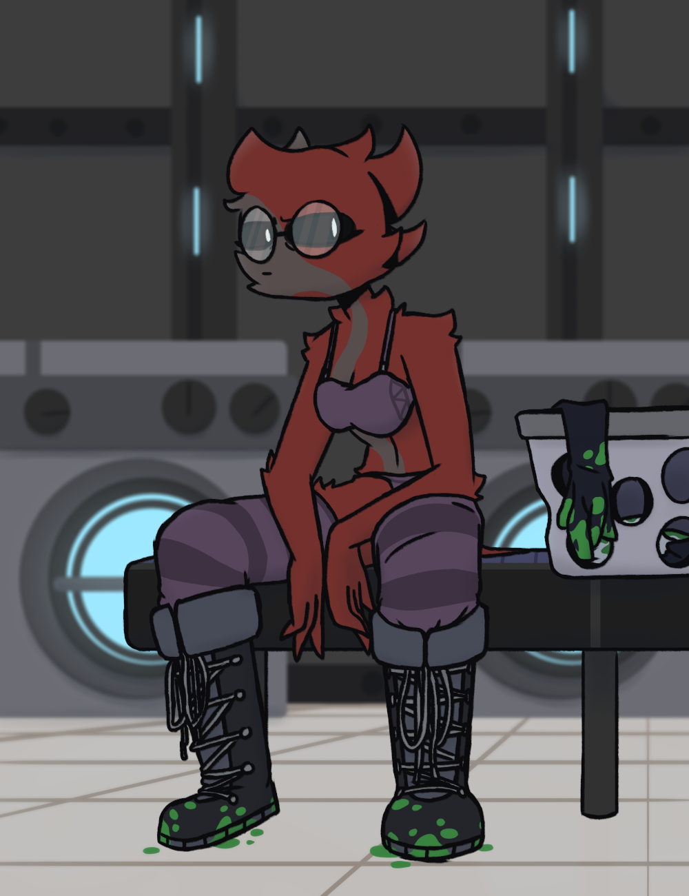 bench boots bra clothing detailed_background eyewear feathers female footwear glasses gloves goop handwear hi_res humanoid laundry_basket laundry_machine legwear multicolored_body panties sevens_artchive solo starbound stockings trico_(sevens_artchive) underwear x'i
