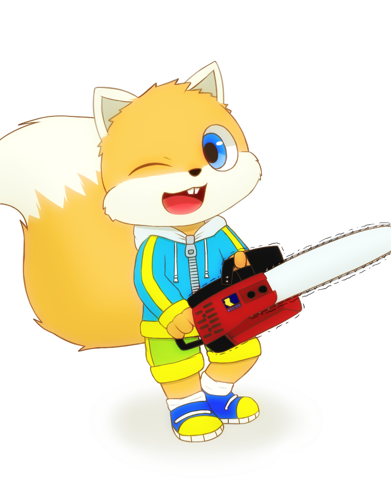 2023 anthro blue_eyes chainsaw conker conker's_bad_fur_day digital_drawing_(artwork) digital_media_(artwork) digital_painting_(artwork) fur male mammal power_tool rareware red_body rodent roshu39 sciurid smile solo tail tools tree_squirrel