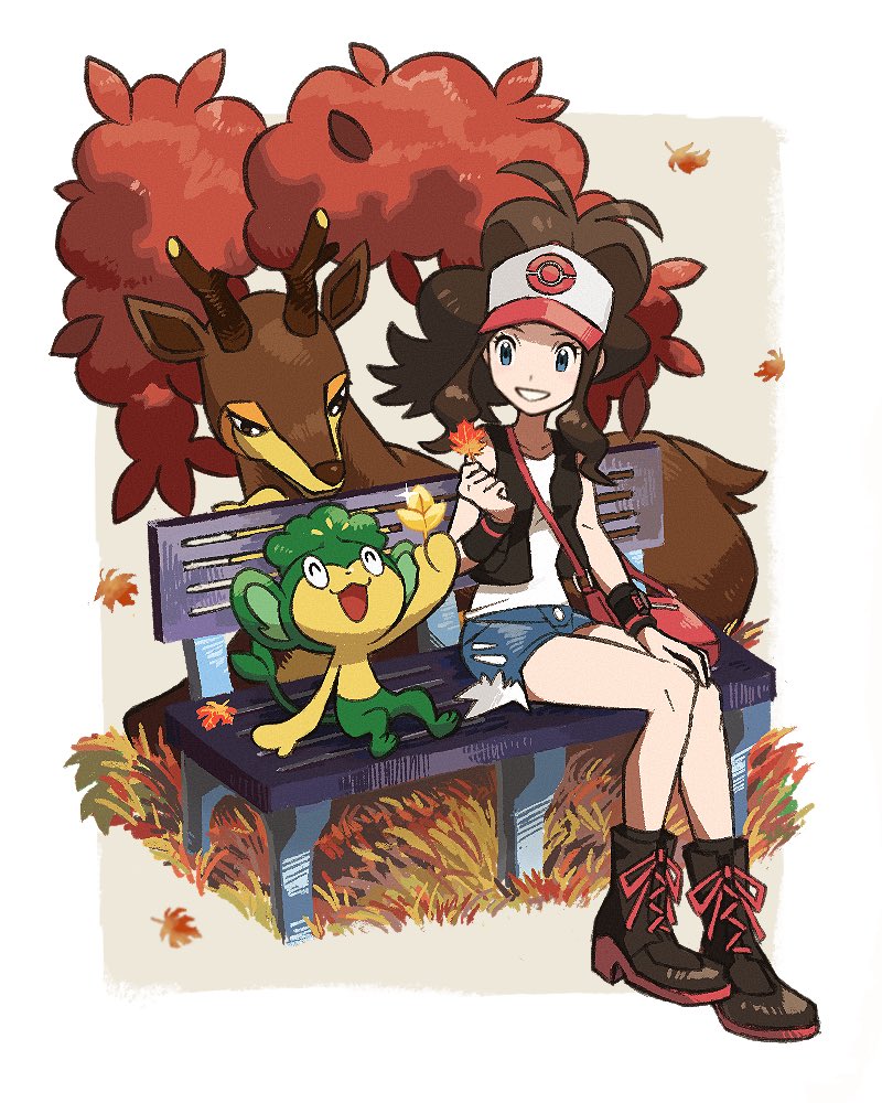 1girl bag baseball_cap bench black_vest blue_eyes boots brown_hair commentary denim denim_shorts eyelashes falling_leaves grin hat high_ponytail hilda_(pokemon) holding holding_leaf knees kokesa_kerokero leaf long_hair open_clothes open_vest pansage pokemon pokemon_(creature) pokemon_(game) pokemon_bw sawsbuck shirt shorts shoulder_bag sidelocks sitting sleeveless sleeveless_shirt smile symbol-only_commentary teeth vest white_headwear white_shirt wristband