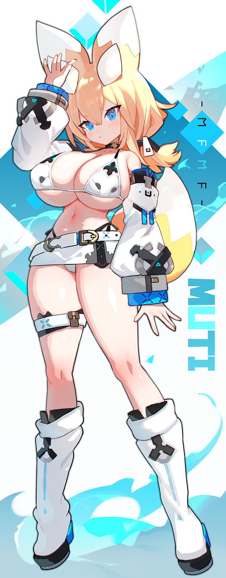 1girl animal_ears arm_at_side arm_up blonde_hair blue_eyes boots bra breasts cleavage detached_sleeves fox_ears fox_girl fox_tail full_body hair_between_eyes highres knee_boots large_breasts legs long_hair looking_at_viewer low_twintails mamuru microskirt navel original panties short_eyebrows skirt solo tail thigh_strap twintails underwear white_bra white_footwear white_panties