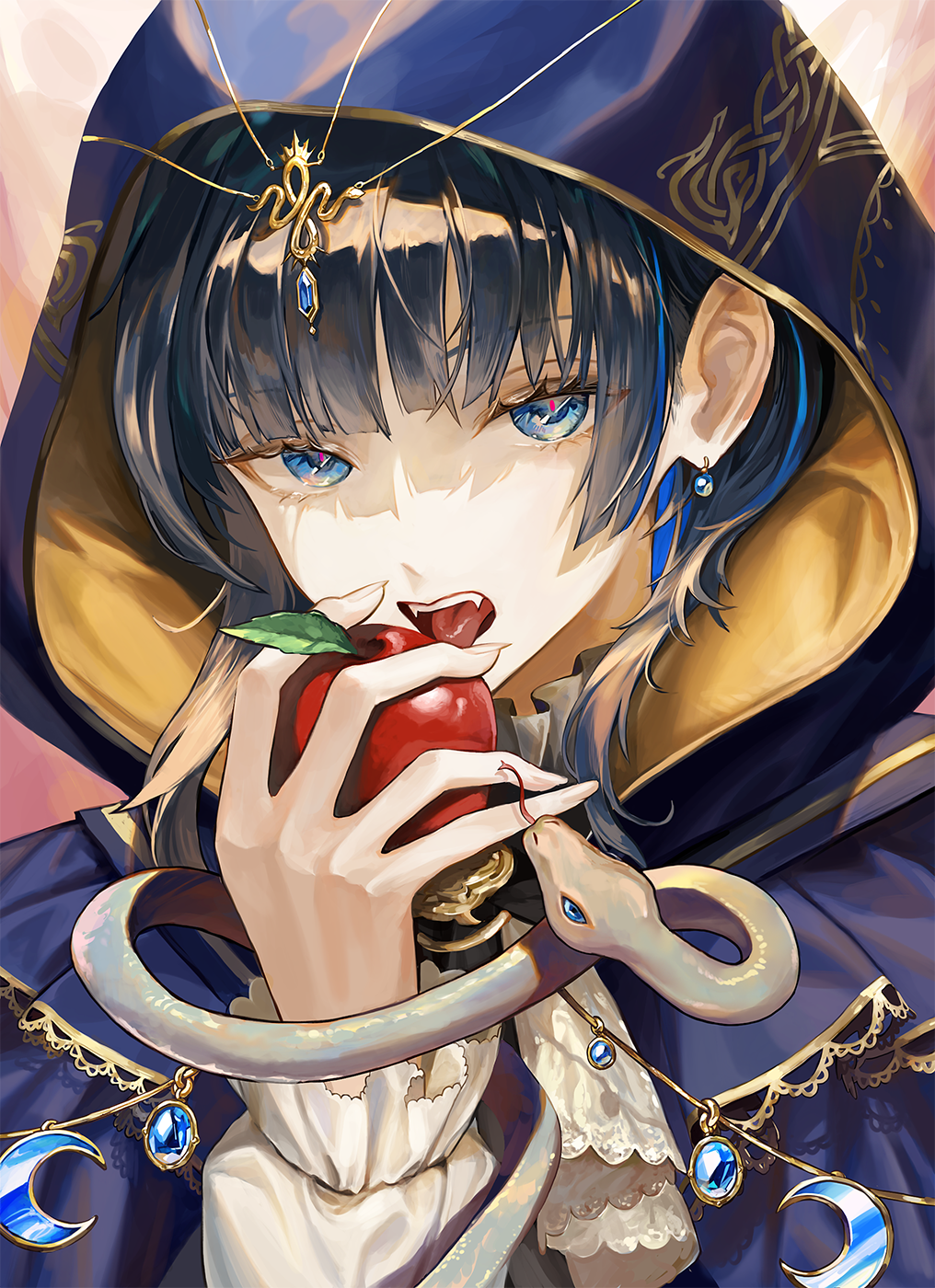 1girl apple ascot blue_cloak blue_eyes blue_hair blunt_bangs cloak crescent earrings fangs food fruit highres holding holding_food holding_fruit hololive hololive_english hood hood_up hooded_cloak imminent_bite jewelry looking_at_viewer multicolored_hair open_mouth ouro_kronii portrait santafe99 short_hair slit_pupils snake solo streaked_hair virtual_youtuber white_ascot white_snake