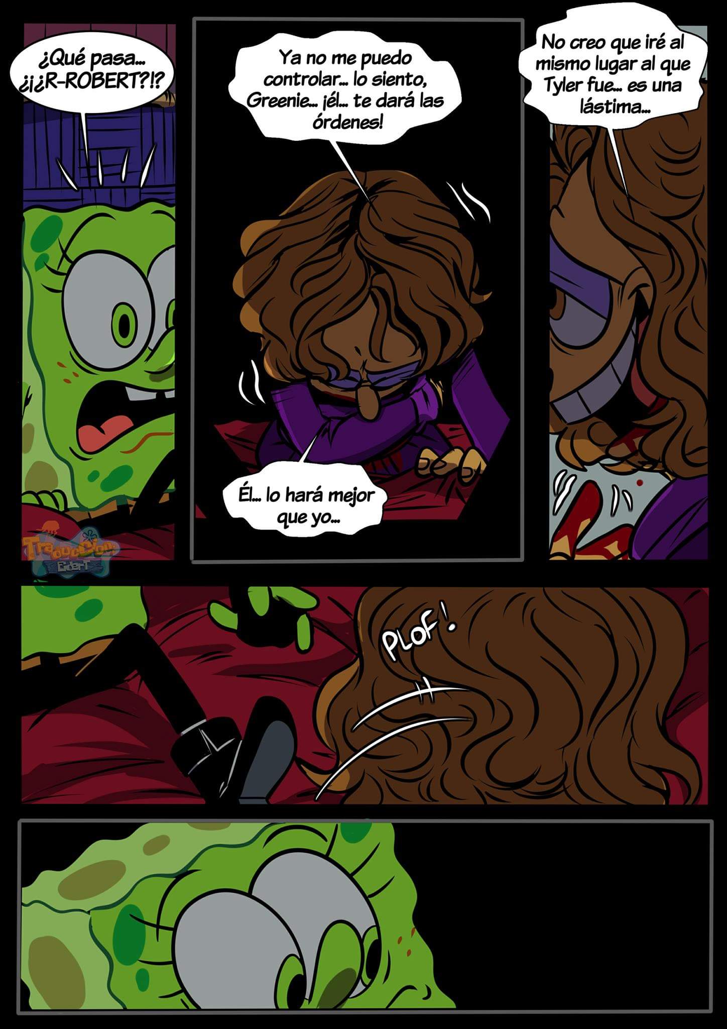 anthro blood blood_in_mouth blood_on_hand bodily_fluids clothed clothing comic death dialogue duo dying fan_character greenie_(pancaketiffy) hair hi_res male marine nickelodeon pancaketiffy robert_(pancaketiffy) sea_sponge smile spanish_text speech_bubble spongebob_squarepants stab_wound suicide surprised_expression text toony translation_check translation_request wounded