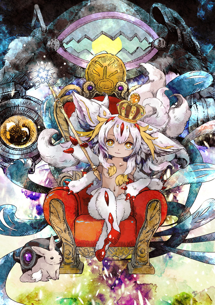 +_+ 1girl 1other animal_ears commentary_request crossed_legs crown dark-skinned_female dark_skin extra_arms faputa fewer_digits furry furry_female gabuurun helmet highres hirokokurota looking_at_viewer made_in_abyss monster_girl navel rabbit robot scepter short_hair sitting throne white_hair yellow_eyes