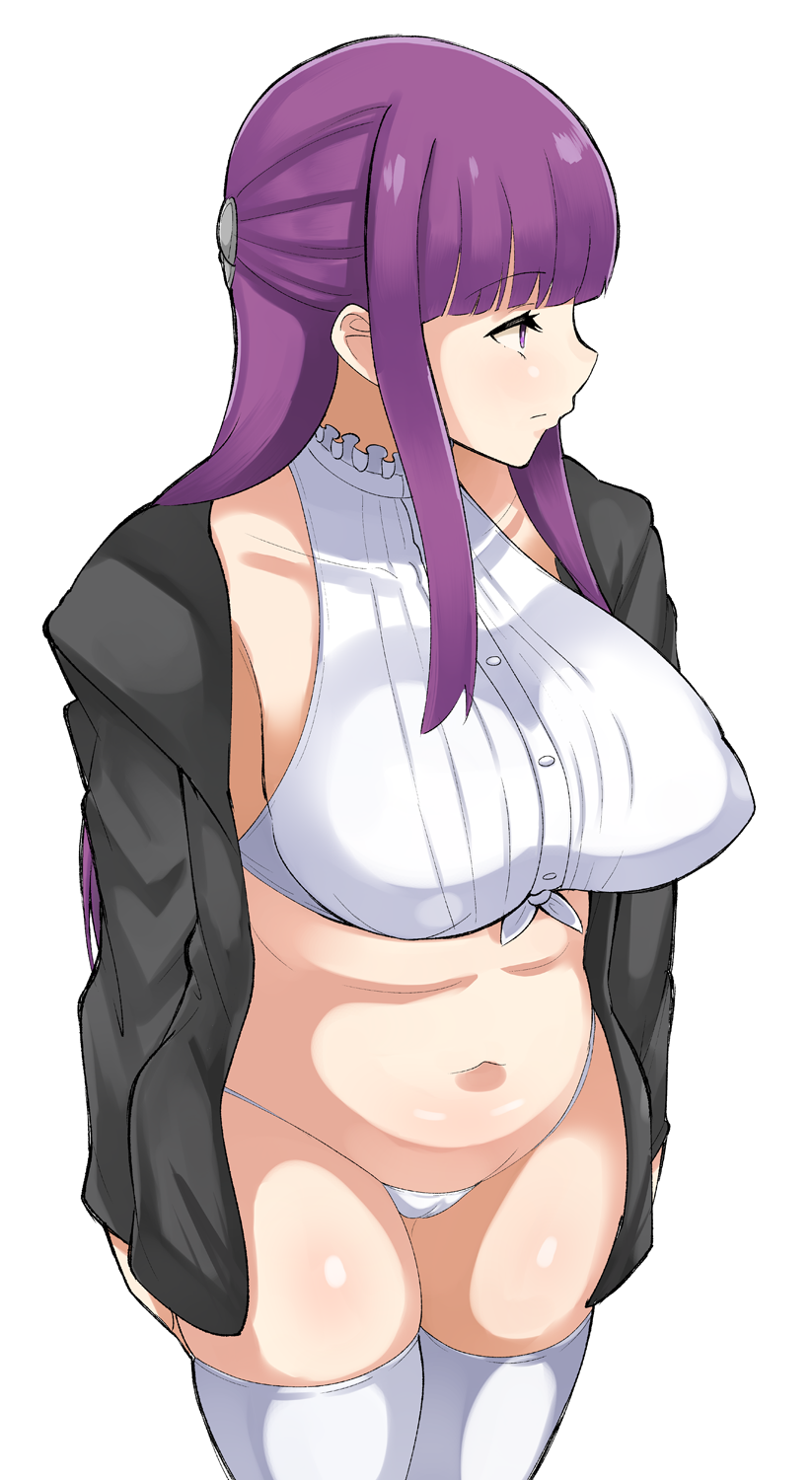 1girl arms_at_sides black_coat blunt_bangs camel closed_mouth coat commentary cowboy_shot crop_top fern_(sousou_no_frieren) highres legs_together long_hair long_sleeves looking_to_the_side navel no_pants norakuro_nero open_clothes open_coat panties plump purple_eyes purple_hair shirt sidelocks simple_background sleeveless solo sousou_no_frieren standing thighhighs tied_shirt underwear very_long_hair white_background white_panties white_shirt white_thighhighs