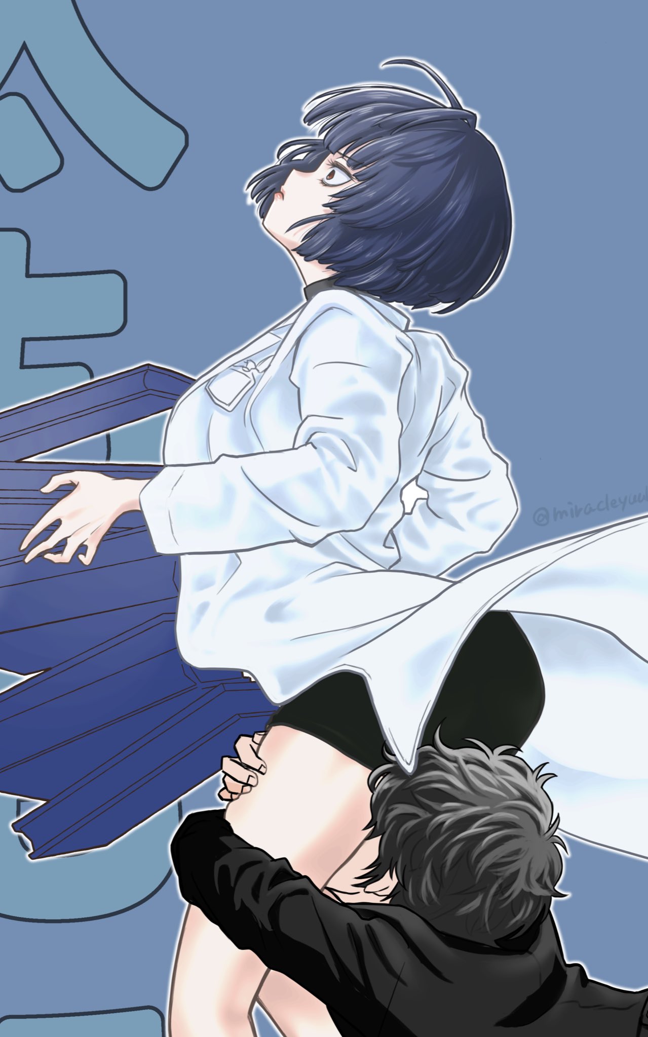 1boy 1girl amamiya_ren ass between_legs black_coat black_hair blue_background coat doctor face_in_ass from_side highres hugging_another's_leg lab_coat miracleyuuki persona persona_5 short_hair sitting sitting_on_face sitting_on_person surprised takemi_tae white_coat