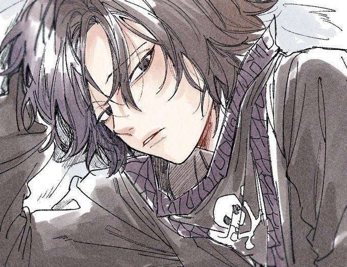 1boy black_eyes black_hair bored elbow_rest feitan_portor head_rest hunter_x_hunter jitome long_sleeves looking_at_viewer male_focus parted_lips ray_(0krqm) short_hair skull_print solo upper_body