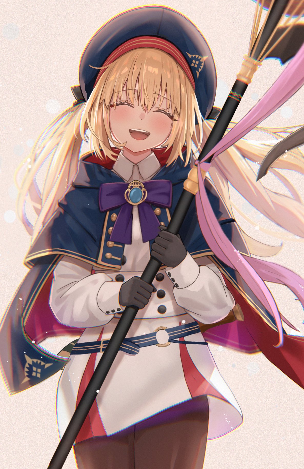 1girl artoria_caster_(fate) artoria_caster_(second_ascension)_(fate) artoria_pendragon_(fate) belt beret black_bow black_gloves black_pantyhose blonde_hair blue_belt blue_cloak blue_gemstone blue_headwear blush bomberca309 bow buttons cloak closed_eyes collared_shirt commentary facing_viewer fate/grand_order fate_(series) gem gloves gold_trim hair_between_eyes hair_bow hat highres holding holding_staff long_hair long_sleeves open_mouth ornament pantyhose pink_ribbon purple_bow ribbon shirt skirt smile solo staff teeth twintails white_background white_shirt white_skirt