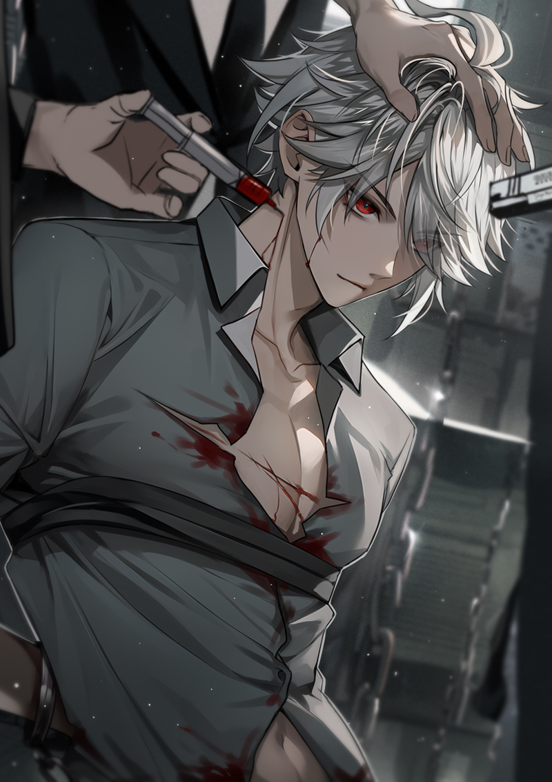 3boys abs aguaaaaa4 ahoge alhaitham_(genshin_impact) genshin_impact grey_hair grey_shirt gun hair_between_eyes hair_over_one_eye holding holding_syringe kidnapping male_focus midriff multiple_boys muscular muscular_male navel open_clothes open_shirt red_eyes shirt short_hair syringe weapon