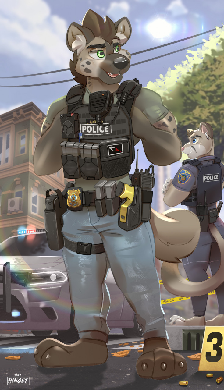 anthro bulletproof_vest car clothing cougar crime_scene disney dodge_charger electroshock_weapon felid feline grizzlygus hi_res hinget holstered_pistol hyena law_enforcement lou_waraabe_(grizzlygus) male mammal police police_car police_officer police_uniform spotted_hyena tactical tactical_gear taser uniform vehicle weapon zootopia zpd