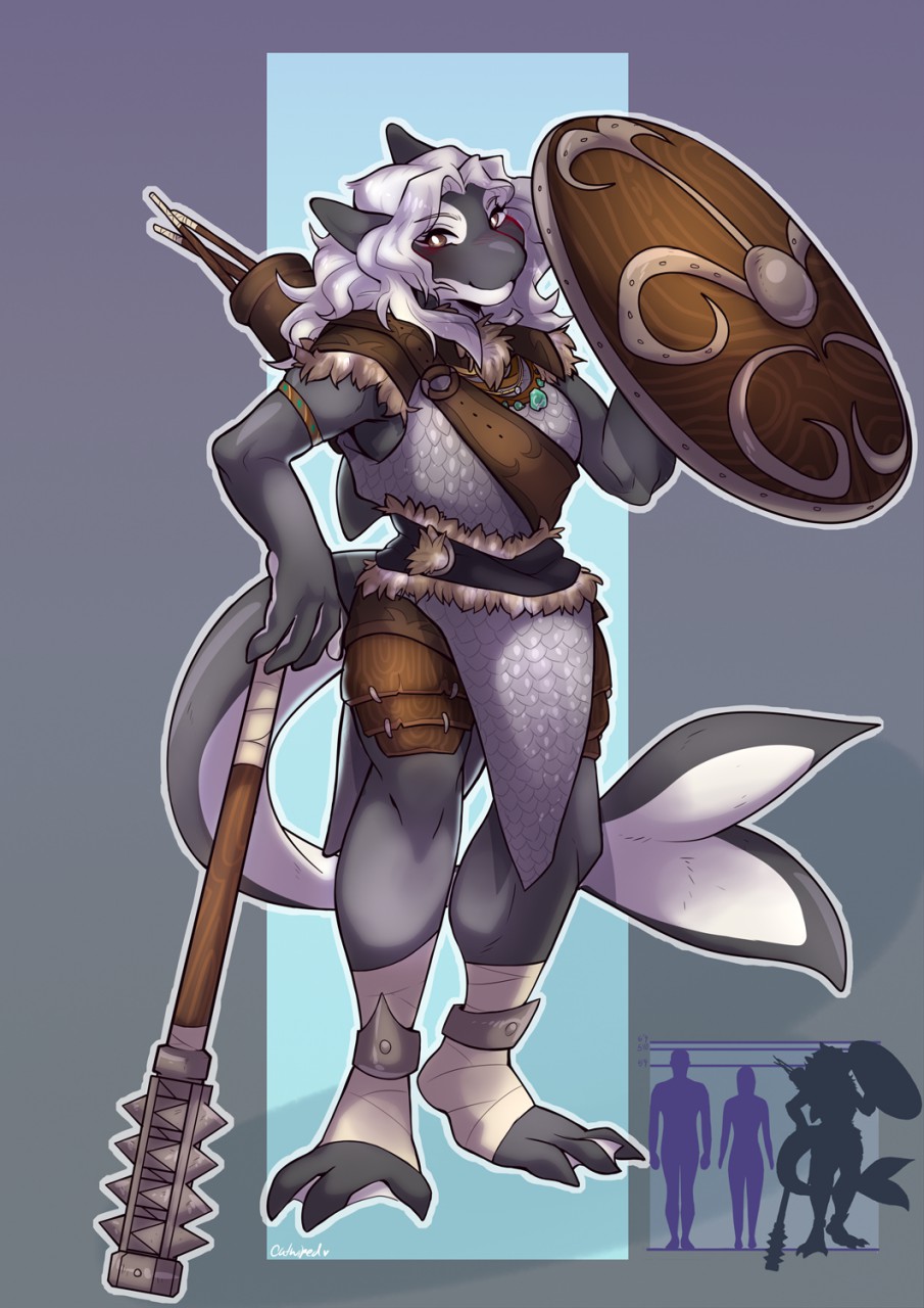 anthro armor brown_eyes catniped cetacean chart dolphin female hair height_chart hi_res jewelry long_hair mace mammal marine melee_weapon membrane_(anatomy) nuala_(whispwhim) oceanic_dolphin orca reference_image scale_armor shield solo toothed_whale weapon webbed_feet white_hair