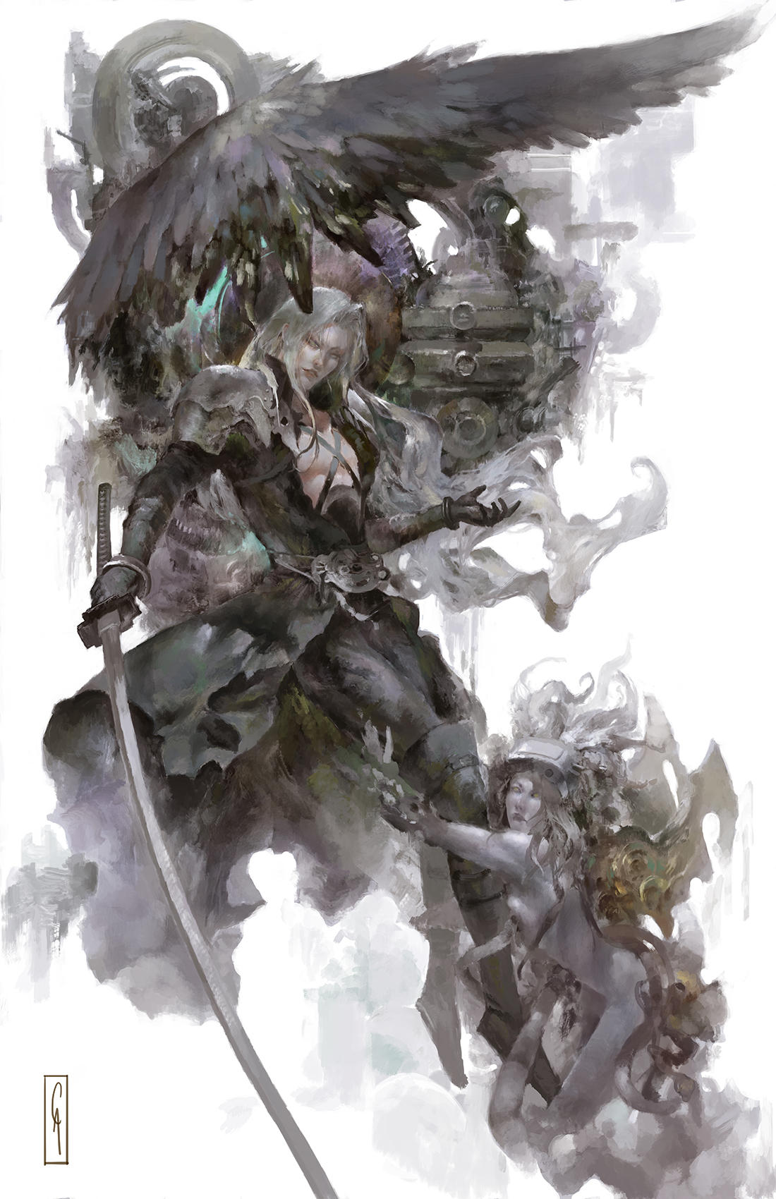 1boy 1girl armor black_gloves black_jacket black_pants black_wings boots chest_strap christian_angel commentary english_commentary feathered_wings final_fantasy final_fantasy_vii floating_hair full_body gloves green_eyes grey_hair highres holding holding_sword holding_weapon jacket jenova katana long_hair long_sleeves masamune_(ff7) pants parted_bangs parted_lips pectorals sephiroth shoulder_armor single_wing sword very_long_hair weapon wings