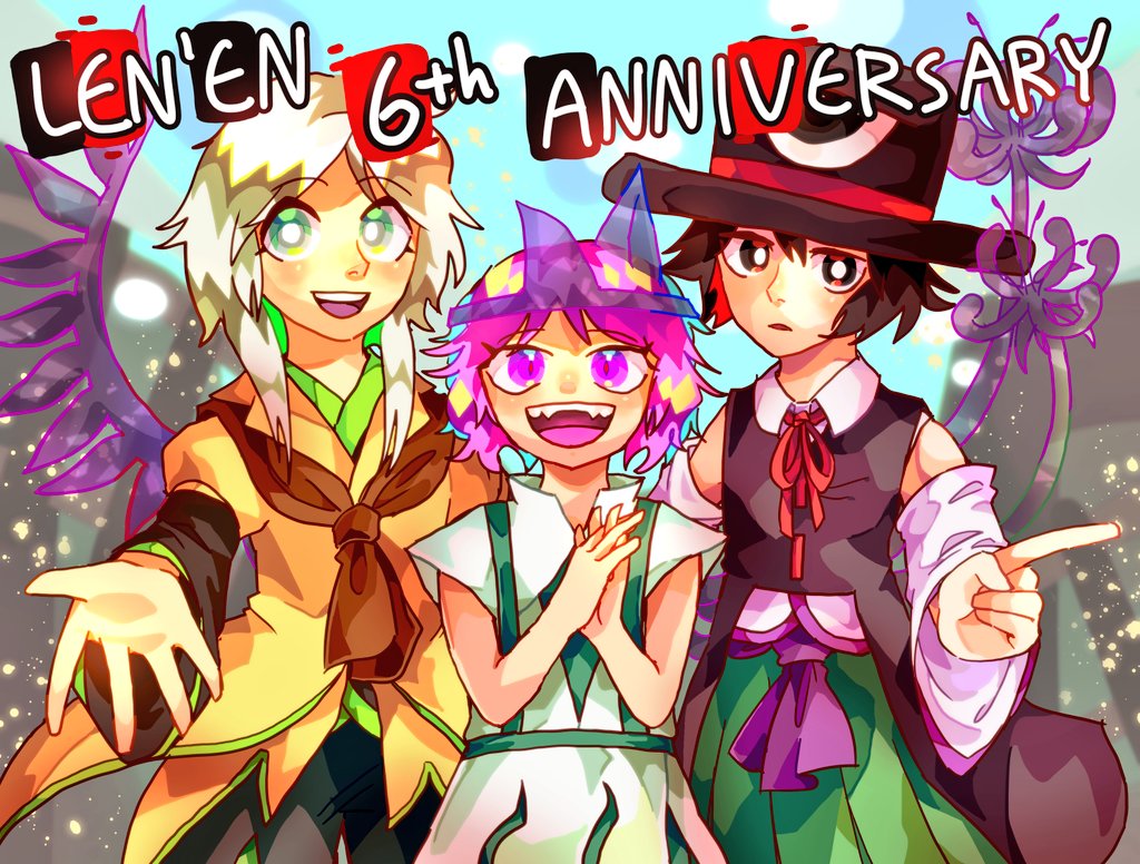 3others androgynous anniversary ascot black_coat black_eyes black_hair black_headwear black_shorts black_sleeves blue_sky bow bowtie brown_ascot brown_coat cloud coat collared_jacket collared_shirt commentary_request copyright_name detached_sleeves energy_wings english_text enraku_tsubakura eye_of_senri eye_on_hat eyelashes fangs flower frown green_eyes green_skirt green_trim hakama hakama_skirt hands_on_own_chest hat houlen_yabusame jacket japanese_clothes jinbei_(clothes) kimono layered_sleeves len'en long_sleeves looking_at_viewer multiple_others open_mouth outdoors outstretched_arms own_hands_clasped own_hands_together parted_lips pink_eyes pink_flower pink_hair pink_wings pointing puffy_short_sleeves puffy_sleeves reaching reaching_towards_viewer red_bow red_bowtie ribbon-trimmed_coat rock shion_(len'en) shirt short_hair short_hair_with_long_locks short_over_long_sleeves short_sleeves shorts skirt sky sleeveless sleeveless_coat sleeveless_kimono sleeveless_shirt smile teeth top_hat triangular_headpiece upper_teeth_only waiwa_way white_hair white_kimono white_shirt white_sleeves wide_sleeves wings
