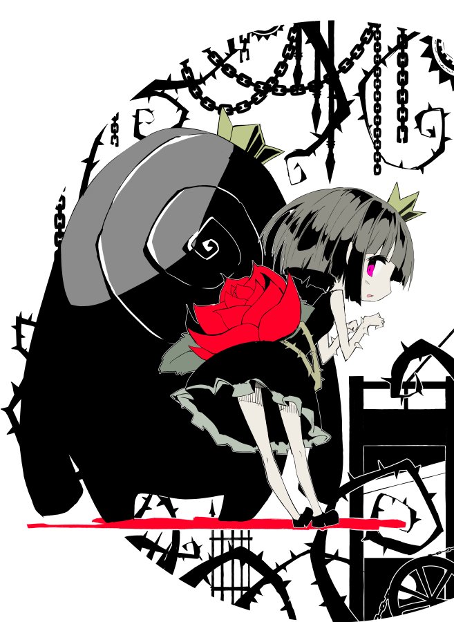 1girl 1other black_dress chain crown dress flower full_body guillotine kuroneko_no_toorimichi leaf limited_palette looking_at_viewer looking_back mini_crown parted_lips pink_eyes plant red_flower red_rose rose rose_(rose_to_tasogare_no_kojou) rose_to_tasogare_no_kojou short_hair thorns titan_(rose_to_tasogare_no_kojou) vines