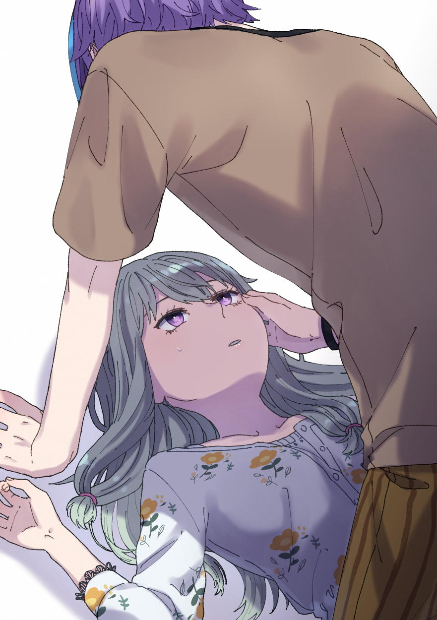 1boy 1girl blue_hair brown_shirt commentary_request floral_print green_skirt hand_on_another's_face hetero highres kamishiro_rui kusanagi_nene long_hair long_sleeves looking_at_another m_ccc_chi multicolored_hair parted_lips project_sekai purple_eyes purple_hair shirt short_hair short_sleeves simple_background skirt sleeves_past_elbows two-tone_hair white_background