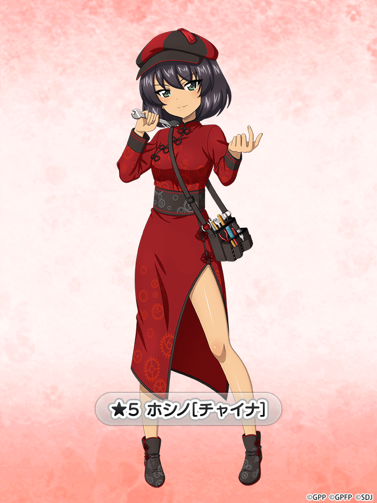 1girl black_footwear black_hair bob_cut cabbie_hat carrying character_name china_dress chinese_clothes commentary_request dark-skinned_female dark_skin dress girls_und_panzer girls_und_panzer_senshadou_daisakusen! green_eyes hat holding holding_wrench hoshino_(girls_und_panzer) long_dress long_sleeves no_socks official_alternate_costume official_art red_background red_dress red_headwear shoes short_hair side_slit solo star_(symbol) tool_belt watermark wrench