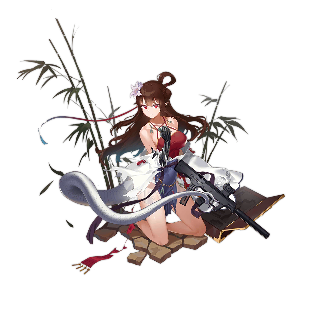 1girl bamboo bare_legs bare_shoulders breasts brown_hair clenched_hand closed_mouth dirt fangdan_runiu flower flower_request full_body girls'_frontline gun hair_flower hair_ornament halloween hand_up holding holding_gun holding_weapon holding_with_tail honeycomb_(pattern) japanese_clothes jewelry js_9_(bamboo_forest_silver_scales)_(girls'_frontline) js_9_(girls'_frontline) js_9_mm kimono kneeling large_breasts long_hair looking_at_viewer mechanical_arms necklace o-ring official_alternate_costume official_art pointy_ears prehensile_tail red_eyes red_shirt see-through see-through_skirt serious shirt simple_background single_mechanical_arm skirt smile snake_tail solo tail third-party_source topknot torn_clothes torn_kimono transparent_background very_long_hair very_long_tail weapon weapon_case white_kimono white_tail wide_sleeves