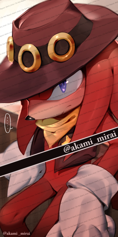 ... 1boy animal_nose artist_name bandana bar_stool bare_shoulders blush brown_headwear brown_vest closed_mouth cowboy_hat furry furry_male gloves hat iiimirai knuckles_the_echidna looking_to_the_side male_focus open_clothes open_vest purple_eyes red_fur simple_background solo sonic_(series) speech_bubble standing star_(symbol) star_pin stool the_murder_of_sonic_the_hedgehog vest watermark white_background white_gloves yellow_bandana